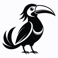 Stylized Black and White Toucan Illustration with Unique Feather Details and Playful Expression