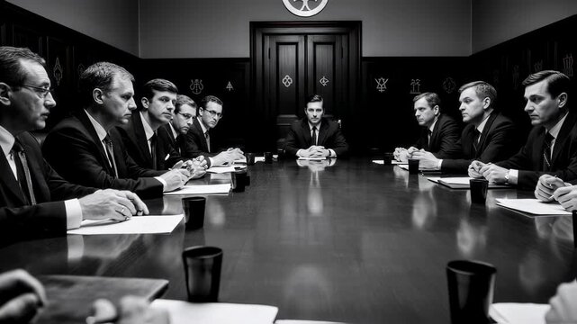 Dramatic black and white photo of high-level government meeting. Men in suits gathered around conference table. Leadership, power, and decision-making concept.