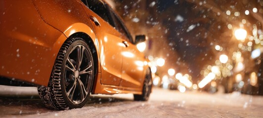 The vibrant orange car parked on a snowy urban street at night.