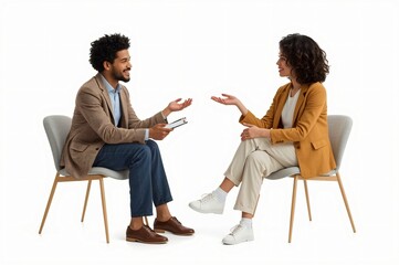 Obraz premium Studio shot Diverse colleagues discuss project, white background