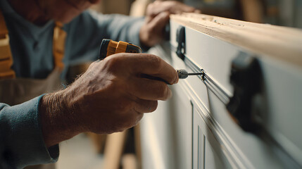 Close up of carpenter installing sliding door hardware with a screwdriver in workshop