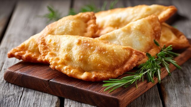 Fried chebureki pastries displayed on a white wooden table for appetizing presentation
