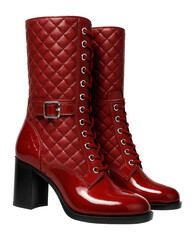 Red patent leather boots with block heel and quilted shaft for a bold statement