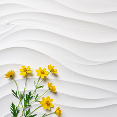 Delicate yellow wildflowers with green stems and leaves rest on a textured white background with flowing wave patterns