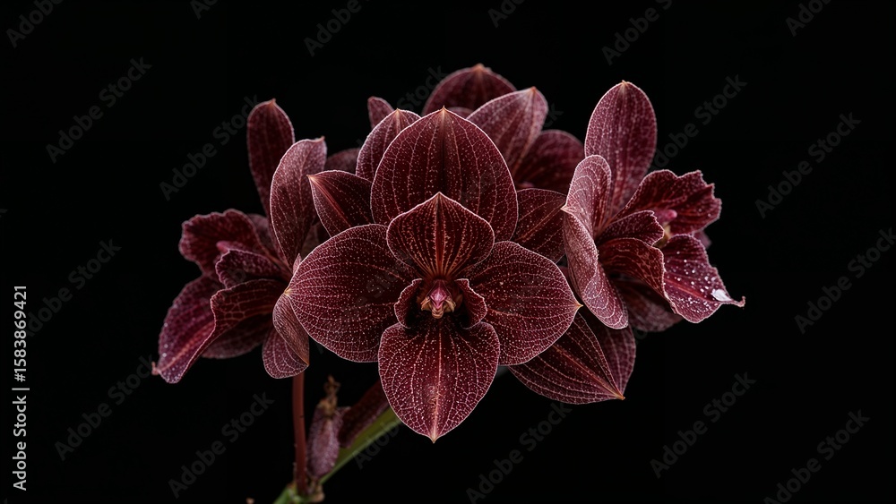 Poster elegant dark red orchids with intricate patterns on black background