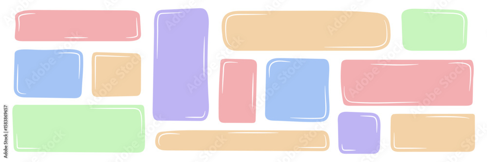 Poster set of colorful rectangle quote frames. speech bubble pack. hand drawn shapes with white highlights.