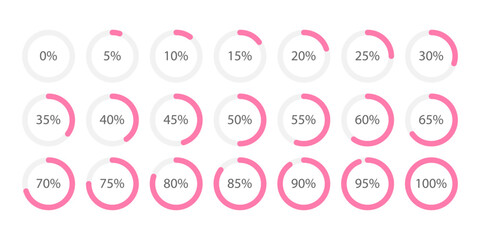 Round Loading Progress Icons. Circle percentage pie chart diagram. Segment of circle icons from 0 to 100 percent. Infographic element in pink color for business dashboard, app, report, website design