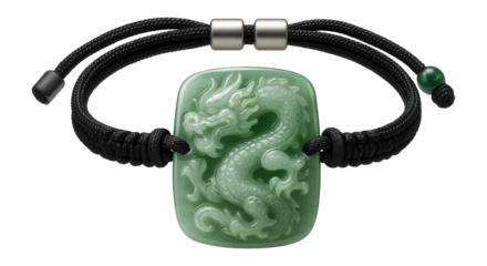 Adjustable cord bracelet featuring a carved jade dragon talisman