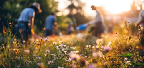 The vibrant garden scene with people cultivating flowers at sunset.