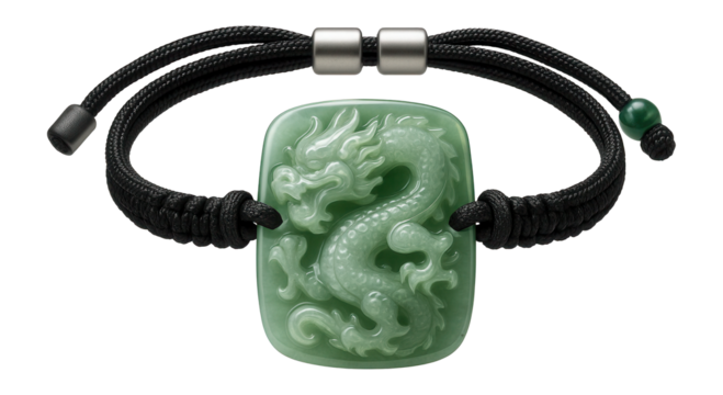 Adjustable cord bracelet featuring a carved jade dragon talisman