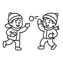 Two children playing with snowballs outdoors in winter clothing  