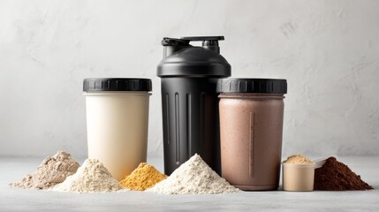 Protein supplements, blending bottles, and scoops displayed on a plain white backdrop