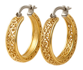 Gold hoop earrings with intricate filigree detailing
