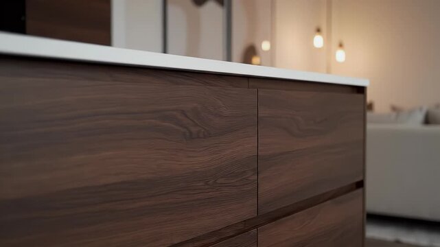 Dark wood kitchen cabinet details modern design white countertop cozy home interior warm lighting contemporary furniture solutions