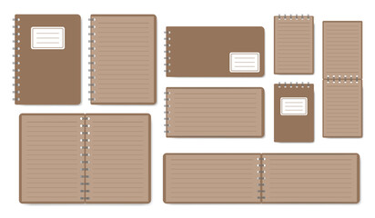Eco-style brown cover notebooks in three sizes and styles. Flat vector with white lined paper. Features closed, half-open, and full-spread page designs.