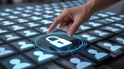 Finger presses a glowing digital padlock icon over a grid of user profile icons