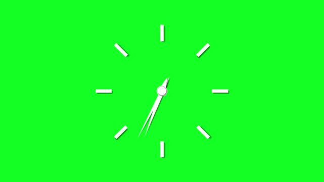 Animation clock time out, clock counting down 24 hours at a fast pace. Green screen background