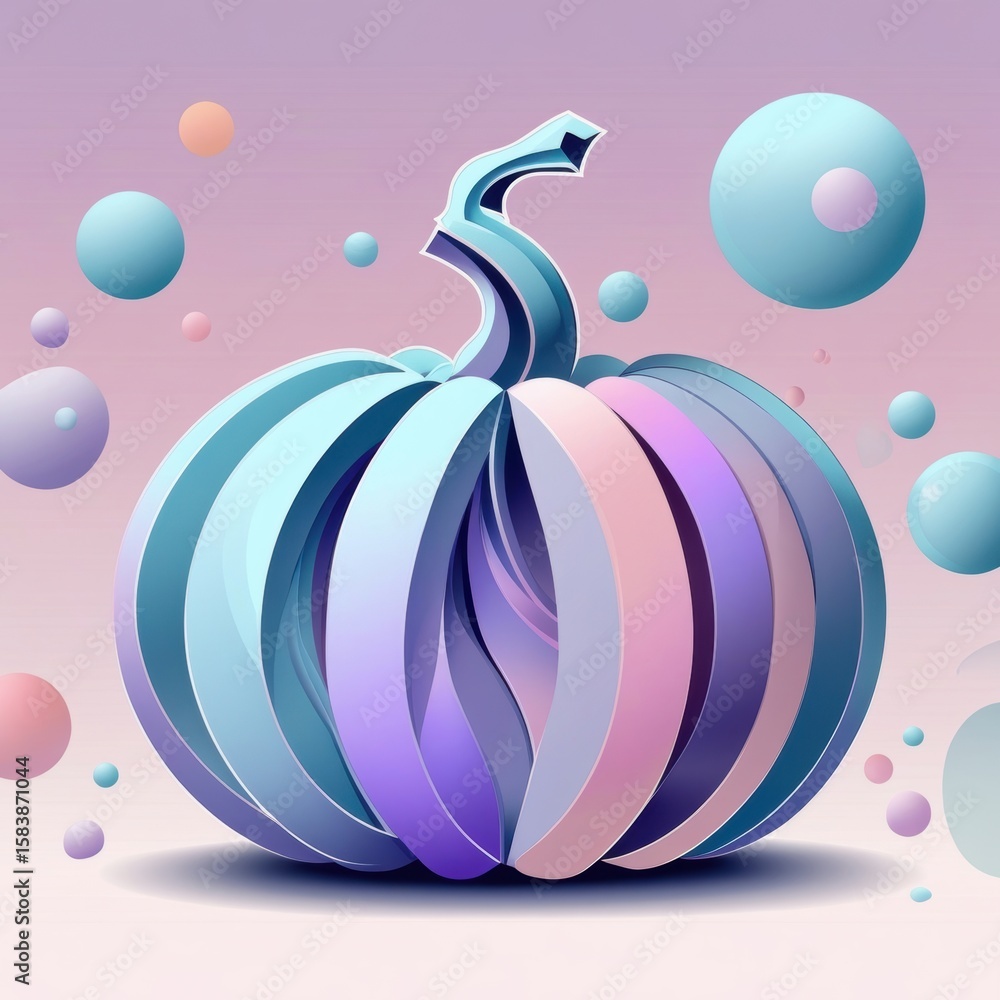 Poster abstract pastel pumpkin with layered design and floating spheres on a gradient background