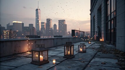 Rooftop lanterns and string lights illuminate a city skyline at dusk
