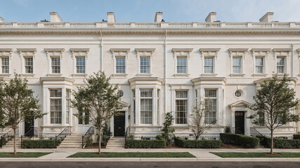 Elegant row of white townhouses featuring architectural details with trees and landscaping under a clear blue sky