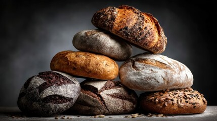 Artisanal bread loaves stacked for bakery display