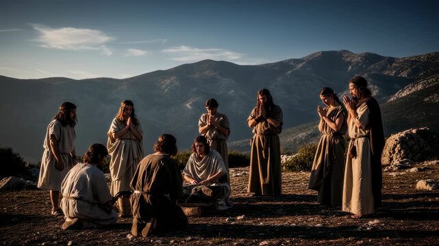 Biblical scene reenactment: Jesus teaching disciples on mountainside. Historical drama depicting ancient times. Religious education and spiritual concept. Landscape view.