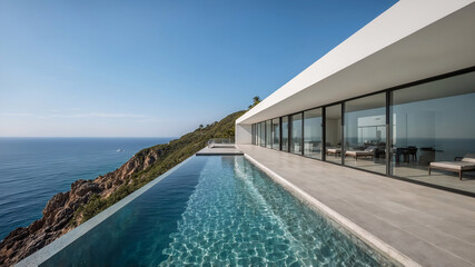 Fototapeta premium Luxurious modern coastal villa with infinity pool offering stunning ocean views under a clear blue sky