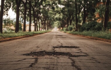 A cracked asphalt road with several potholes