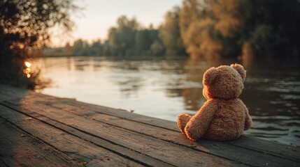 Teddy bear seated alone on a dock beside a river, with open space for text overlay