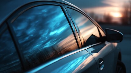 Tinted car window with reflective foil captured in a modern vehicle close-up
