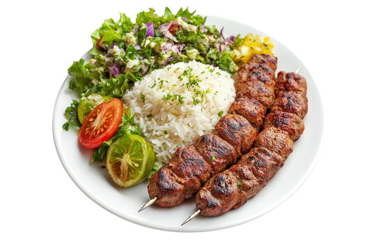 Adana Kebab Plate with Rice and Fresh Salad Isolated on Transparent Background