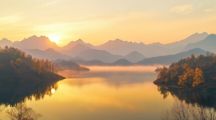 Fototapeta premium The sun rises over a tranquil lake surrounded by misty mountains