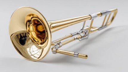 Obraz premium Polished brass trombone on a light background
