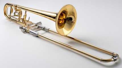 Polished brass trombone on white background