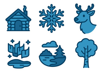 simple Finland culture set with sauna, snowflake, reindeer, northern lights, lake, birch in blue tones on transparent background.