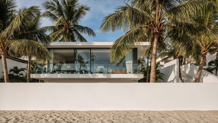 Modern beachfront villa with palm trees offering luxurious coastal living and serenity for the perfect tropical getaway
