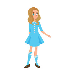 Young cartoon girl in a blue dress, isolated character vectors illustration