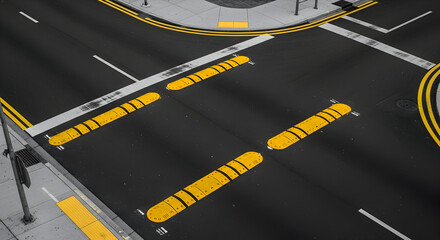 Fototapeta premium Urban Intersection With Speed Bumps And Crosswalk Markings Aerial View