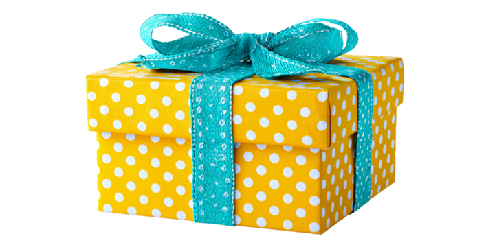 Bright yellow gift box with white polka dots and turquoise ribbon, isolated on black background Concept of celebration, birthday, and special occasion