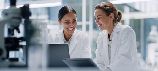 The joyful collaboration of scientists working together in a modern laboratory.