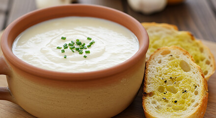 A thick and creamy garlic soup served in a rustic ceramic cup, paired with a slice of toasted baguette brushed with olive oil