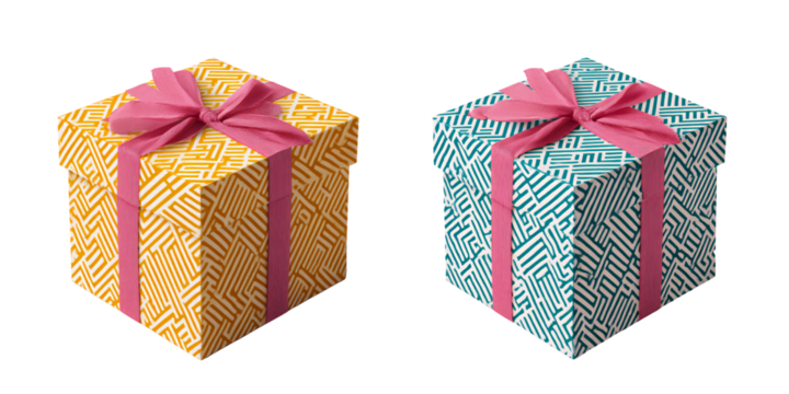 Two colorful gift boxes with pink ribbon, isolated on transparent background Concept of celebration, birthday, christmas, and special occasion