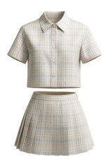 Short-sleeve boxy shirt and pleated mini skirt twinset in checked poplin