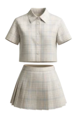  Short-sleeve boxy shirt and pleated mini skirt twinset in checked poplin © OMD
