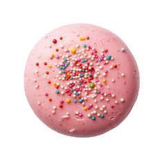 Pink round confection with colorful sprinkles isolated on a transparent background image