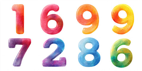 Fototapeta premium Watercolor painted numbers set from zero to nine in vibrant colors for educational resources and creative design projects