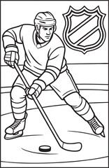 Fototapeta premium Black and white coloring page of an ice hockey player in action, ready to strike the puck.