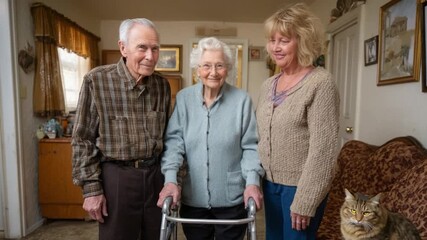 Elderly couple posing with daughter and cat in living room - Powered by Adobe
