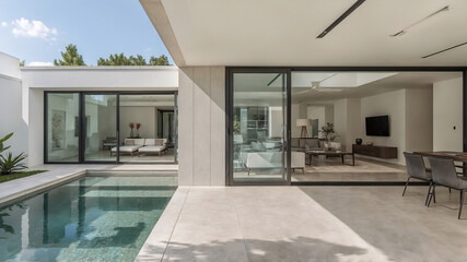 Modern luxury villa interior and exterior design showcasing open living spaces swimming pool and contemporary furnishings with natural light and views