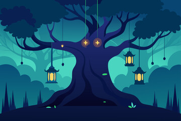 Giant Tree with Hanging Lanterns in Fantasy Forest